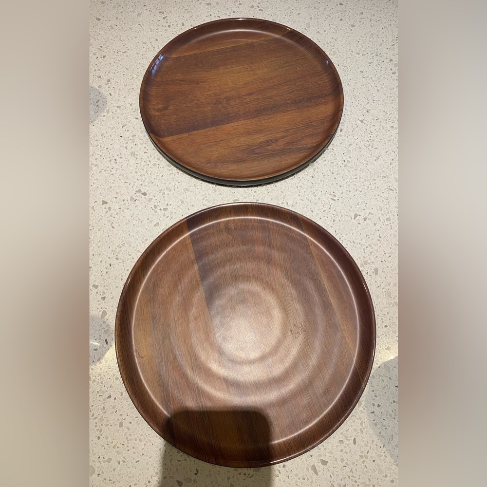 2 Crate & Barrel Wood Tone Melamine Sturdy Plates Tray